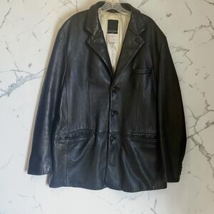 Sean John Leather Blazer Jacket Men XL Black Button Closure Pockets Notch Lapel